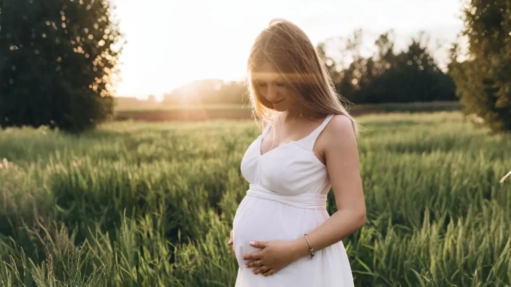 Mujer embarazada en el campo al atardecer