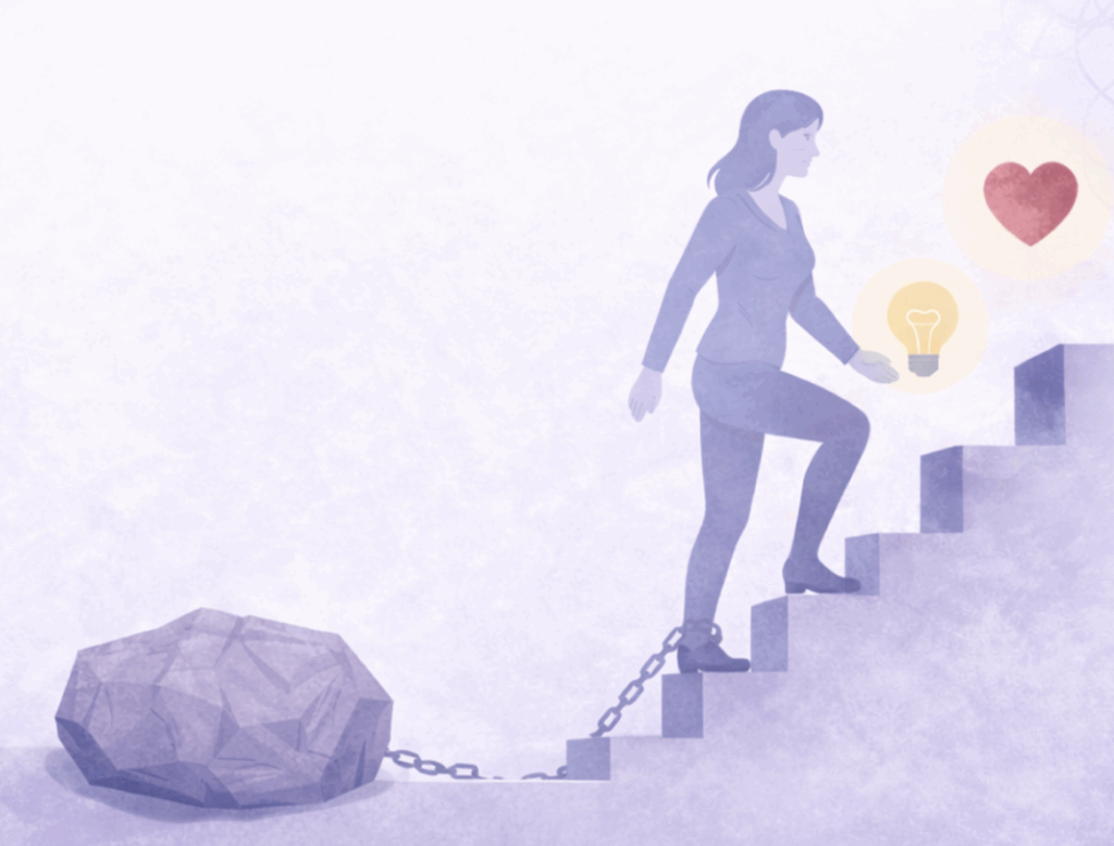 Mujer subiendo una escalera con una cadena rota en el pie y una piedra al fondo simbolizando cómo sanar la herida materna paso a paso