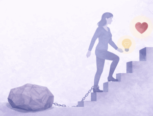 Mujer subiendo una escalera con una cadena rota en el pie y una piedra al fondo simbolizando cómo sanar la herida materna paso a paso
