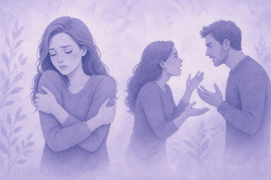 Mujer abrazándose a sí misma mientras una pareja discute al fondo representando cómo la herida materna influye en las relaciones de pareja