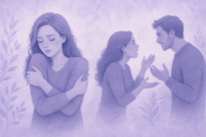 Mujer abrazándose a sí misma mientras una pareja discute al fondo representando cómo la herida materna influye en las relaciones de pareja